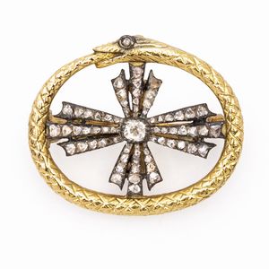 Spillone e spilla in oro giallo 18kt e argento  - Asta Gioielli Orologi e Fashion Vintage - Associazione Nazionale - Case d'Asta italiane