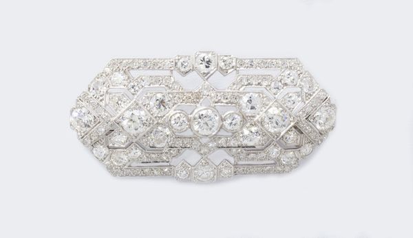 Spilla in oro bianco e diamanti in stile Dec  - Asta Gioielli e Orologi - Associazione Nazionale - Case d'Asta italiane