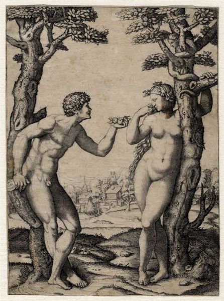 MARCANTONIO RAIMONDI : Adamo ed Eva tra due alberi e una citt sullo sfondo.  - Asta Arte antica, moderna e contemporanea - Associazione Nazionale - Case d'Asta italiane