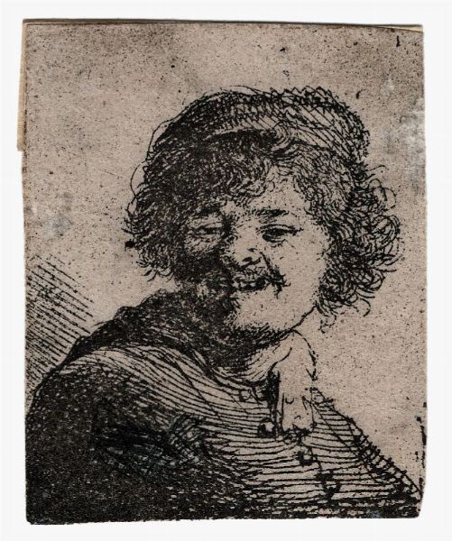 REMBRANDT HARMENSZOON VAN RIJN : Autoritratto sorridente con cappello.  - Asta Arte antica, moderna e contemporanea - Associazione Nazionale - Case d'Asta italiane