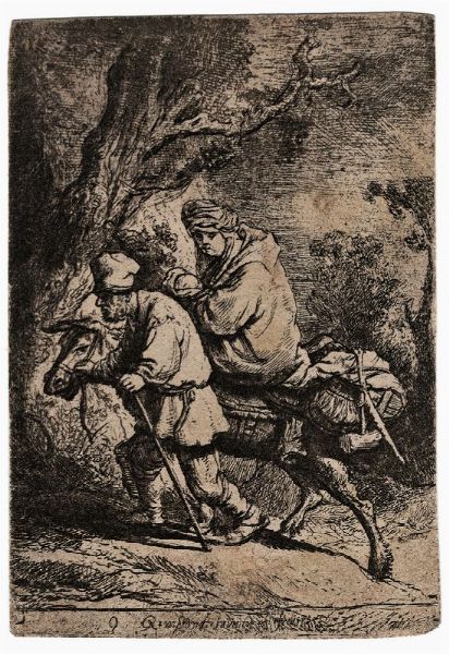 REMBRANDT HARMENSZOON VAN RIJN : Fuga in Egitto (lastra piccola).  - Asta Arte antica, moderna e contemporanea - Associazione Nazionale - Case d'Asta italiane