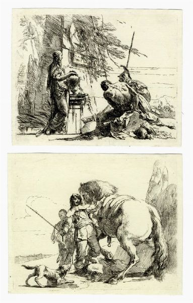 GIOVANNI BATTISTA TIEPOLO : Donna che posa le mani su un vaso, soldato e schiavo / Cavaliere e cavallo.  - Asta Arte antica, moderna e contemporanea - Associazione Nazionale - Case d'Asta italiane