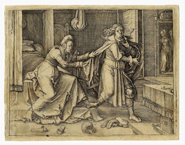 LUCAS VAN LEYDEN : Giuseppe fugge dalla moglie di Putifarre.  - Asta Arte antica, moderna e contemporanea - Associazione Nazionale - Case d'Asta italiane