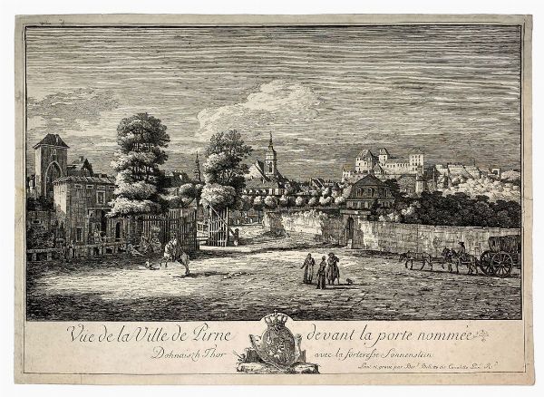 BERNARDO BELLOTTO : Vue de la Ville de Pirne devant la porte nomme Dohnaiszh Thor avec la forteresse Sonnenstein.  - Asta Arte antica, moderna e contemporanea - Associazione Nazionale - Case d'Asta italiane