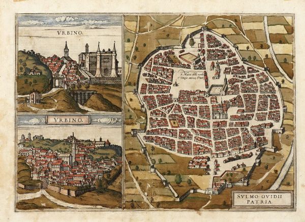 GEORG BRAUN : Urbino / Sulmo Ovidii patria.  - Asta Arte antica, moderna e contemporanea - Associazione Nazionale - Case d'Asta italiane