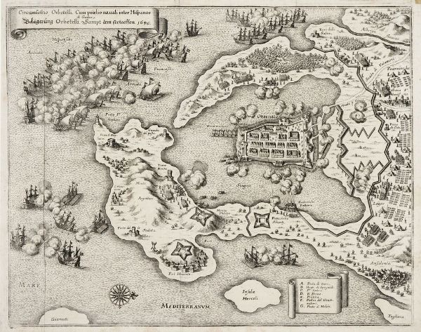 MATTHAUS MERIAN : Circumsessio Orbetelli, Cum praelio Nauali inter Hispanos et Gallos / Belgerung Orbetelli, Sampt dem seetreffen, 1646.  - Asta Arte antica, moderna e contemporanea - Associazione Nazionale - Case d'Asta italiane