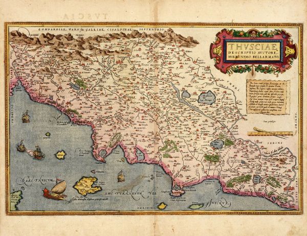 Abraham Ortelius : Thusciae Descriptio Auctore Hieronymo Bellarmato.  - Asta Arte antica, moderna e contemporanea - Associazione Nazionale - Case d'Asta italiane
