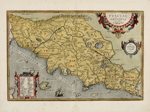 Abraham Ortelius : Tusciae Antiquae Typus ex conatibus geographicis Ab. Ortelij.  - Asta Arte antica, moderna e contemporanea - Associazione Nazionale - Case d'Asta italiane