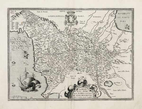Abraham Ortelius : Florentini Dominii, Fidelissima et Nova Descriptio. Auctore D. Stephano Monacho Montisoliveti.  - Asta Arte antica, moderna e contemporanea - Associazione Nazionale - Case d'Asta italiane