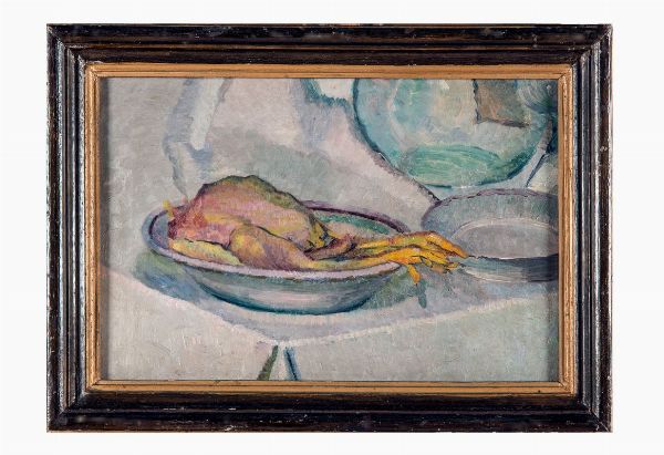 FILLIDE LEVASTI GIORGI : Natura morta, pollo sul piatto.  - Asta Arte antica, moderna e contemporanea - Associazione Nazionale - Case d'Asta italiane