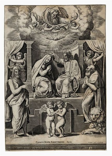 MAESTRO DEL DADO : Incoronazione della Vergine tra san Giovanni Battista e san Gerolamo.  - Asta Arte antica, moderna e contemporanea - Associazione Nazionale - Case d'Asta italiane