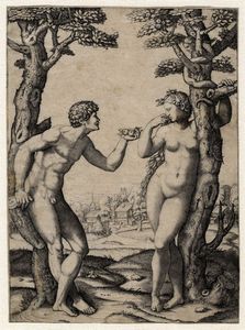 MARCANTONIO RAIMONDI - Adamo ed Eva tra due alberi e una citt sullo sfondo.