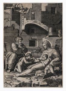 MARCANTONIO RAIMONDI - Sacra Famiglia con san Giovannino (La Vergine dalla coscia lunga).