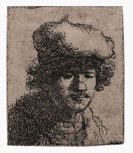 REMBRANDT HARMENSZOON VAN RIJN - Autoritratto con cappello tirato in avanti.