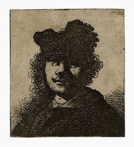 REMBRANDT HARMENSZOON VAN RIJN - Autoritratto con berretto e mantello scuro.