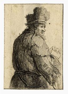 REMBRANDT HARMENSZOON VAN RIJN - Vecchio a mezza figura visto di schiena, di profilo verso destra.