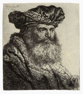REMBRANDT HARMENSZOON VAN RIJN - Uomo con barba e cappello di velluto con una chiusura gioiello.