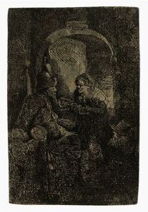 REMBRANDT HARMENSZOON VAN RIJN - Un suonatore di ghironda seguito da bambini alla porta di una casa (Il maestro di scuola).
