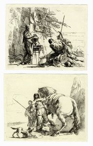 GIOVANNI BATTISTA TIEPOLO - Donna che posa le mani su un vaso, soldato e schiavo / Cavaliere e cavallo.