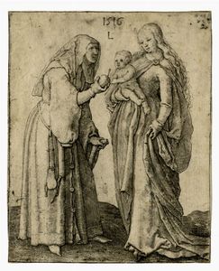 LUCAS VAN LEYDEN - La Vergine col Bambino e sant'Anna che porge una mela.