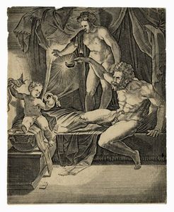 AGOSTINO VENEZIANO - Ercole putto strangola i serpenti sotto gli occhi di Anfitrione e Alcmena.