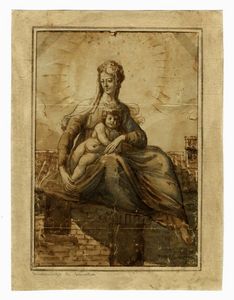 INNOCENZO DI PIETRO FRANCUCCI DA IMOLA (INNOCENZO DA IMOLA) - Madonna col Bambino sullo sfondo di tetti di citt.