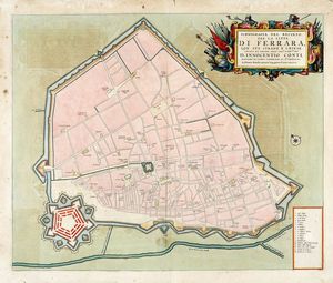 JOHANNES BLAEU - Ichnografia del recinto del la citta di Ferrara con sue strade e chiese...levata da Ferante Franchi ajutante Ingegniero l'Anno MDCLVI.