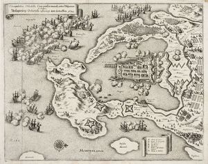 MATTHAUS MERIAN - Circumsessio Orbetelli, Cum praelio Nauali inter Hispanos et Gallos / Belgerung Orbetelli, Sampt dem seetreffen, 1646.
