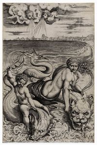 MARCO DENTE - Venere e Cupido sul dorso di due delfini.