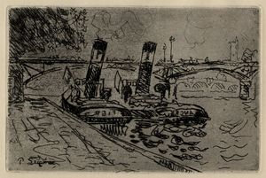 PAUL SIGNAC - Paris: Le Pont des Arts avec Remorqueurs.