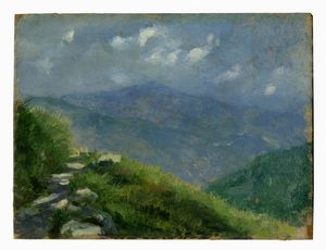 MARIANO FORTUNY Y MADRAZO - Chemin sur les collines Vers Uscio. Fond the montagnes et petits nuages.