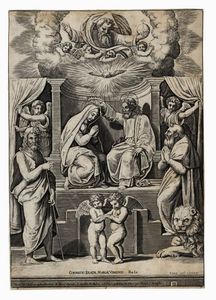 MAESTRO DEL DADO - Incoronazione della Vergine tra san Giovanni Battista e san Gerolamo.