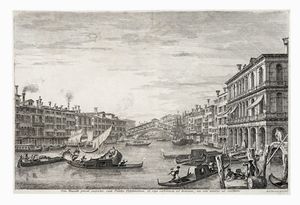Michele Marieschi - Pons Rivoalti procul cospectus, cum Palatio Delphinorum, et ripa carbonaria ad dexteram, nec non vinaria ad sinistram (il Ponte di Rialto da Sud).