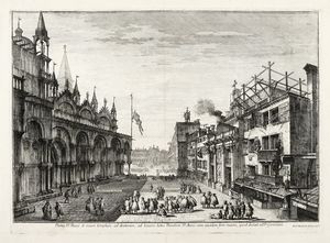 Michele Marieschi - Platea D:Bassi et suum templum ad dexteram; ad laevam latus Basilicae D: Marci cum eiusdem foro maiori, quod desinit ad D:Giminiani (La piazzetta di S. Basso).