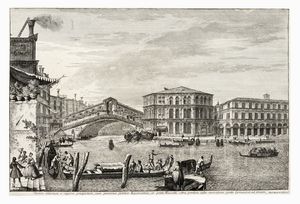 Michele Marieschi - Forum olitorium e regione prospectum, cum proximis publicis Magistratibus, et ponte Rivoalti: citra pontem aedes mercatoria gentis Gremanicae ad laevam (Il Ponte di Rialto con il Palazzo dei Camerlenghi).