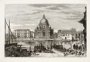 Michele Marieschi - Templum S: Mariae Salutis Cleric: Regul: Congregationis a Somascha, cum eorundem Coenobio ad laevam, et Divi Gregorij Templo hinc ad dexteram sub Abbatis ditione (La Salute).