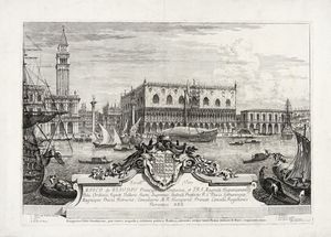 Michele Marieschi - Prospectus Urbis Venetiarum, prae caeteris magnifica, exhibens publica Aedificia, adstantia utrique lateri Plateae minoris D: Marci, respicientis mare (Dedica a Marc de Beauveau-Craon)..