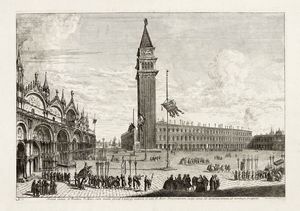 Michele Marieschi - Forum maius, et Basilica D: Marci, cum insula procul S: Georgij maioris et aedes D: Marci Procuratorum, vulgo novae ad dexteram: omnia ab horologio prospecta (Piazza san Marco dalla torre dell'orologio).