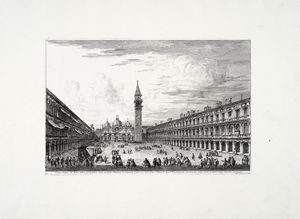 Michele Marieschi - Forum maius D: Marci aliter prospectum cum eiusdem Basilica in extrema parte, nec non cum aedibus D: Marci Procuratorum ad dexteram, vulgo novis, et alteris, vulgo veteribus ad laevam (Piazza san Marco verso la basilica).