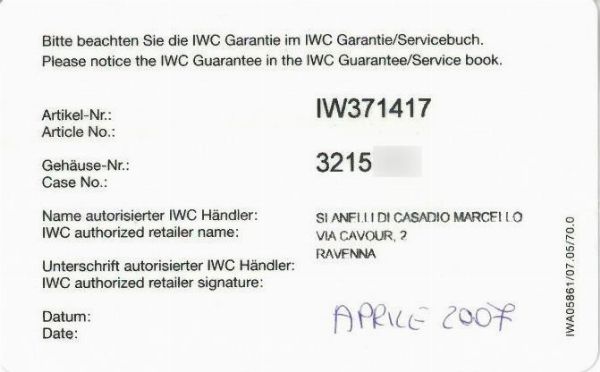 INTERNATIONAL WATCH COMPANY : IWC PORTOGHESE REF. 3714-17 N. 32157XX ANNO 2007  - Asta Orologi da polso e da tasca  - Associazione Nazionale - Case d'Asta italiane