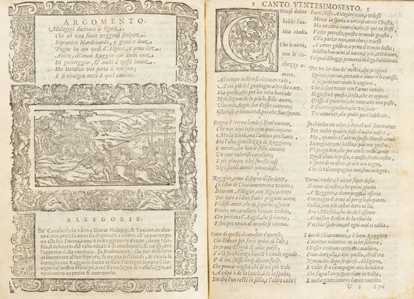 Ludovico Ariosto : Orlando furioso [...]. Nuouamente ricorretto. Con nuoui argomenti di m. Lodouico Dolce: con la vita dell'autore di m. Simon Fornari: il vocabulario delle voci pi oscure: le imitationi cauate dal Dolce: le nuoue allegorie, & annotationi di m. Tomaso Porcachi  - Asta Libri, autografi e stampe - Associazione Nazionale - Case d'Asta italiane