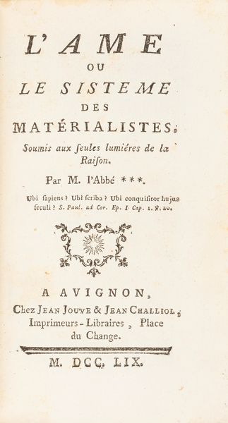 L'Ame ou le sisteme des materialistes  - Asta Libri, autografi e stampe - Associazione Nazionale - Case d'Asta italiane