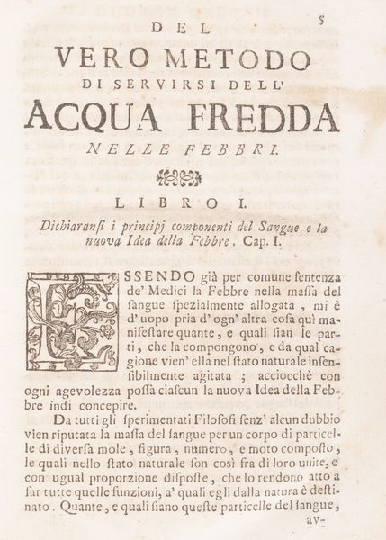 Niccolò Lanzani : Vero metodo di servirsi dell'Acqua Fredda nelle Febbri, ed in altri mali s interni, come esterni.  - Asta Libri, autografi e stampe - Associazione Nazionale - Case d'Asta italiane