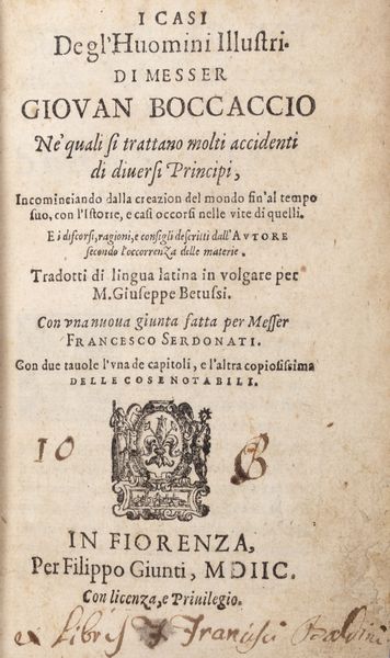 Boccaccio, Giovanni : I casi degl'huomini illustri  - Asta Libri, autografi e stampe - Associazione Nazionale - Case d'Asta italiane