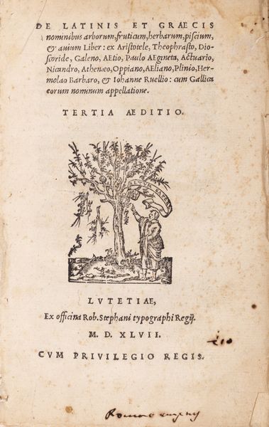 Charles Estienne : De Latinis et Graecis nominibus arborum, fruticum, herbarum, piscium, & auium liber: ex Aristotele, Theophrasto, Dioscoride  - Asta Libri, autografi e stampe - Associazione Nazionale - Case d'Asta italiane