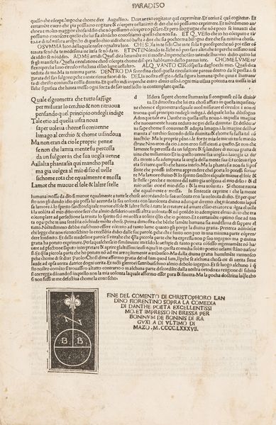 DANTE ALIGHIERI : La Commedia [Commento di Christophorus Landinus].  - Asta Libri, autografi e stampe - Associazione Nazionale - Case d'Asta italiane
