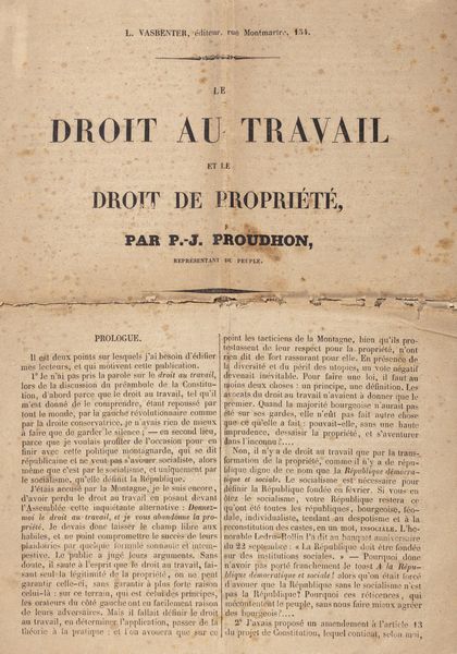 Pierre-Joseph Proudhon : Le droit au travail et le droit de proprit  - Asta Libri, autografi e stampe - Associazione Nazionale - Case d'Asta italiane