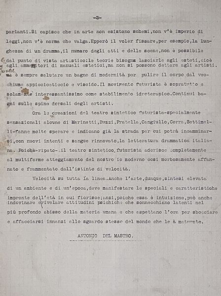 Antonio Del Mastro : Il teatro sintetico e il suo avvenire  - Asta Libri, autografi e stampe - Associazione Nazionale - Case d'Asta italiane