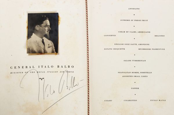 Balbo, Italo : Reception - Luncheon in honour of General Italo Balbo  - Asta Libri, autografi e stampe - Associazione Nazionale - Case d'Asta italiane