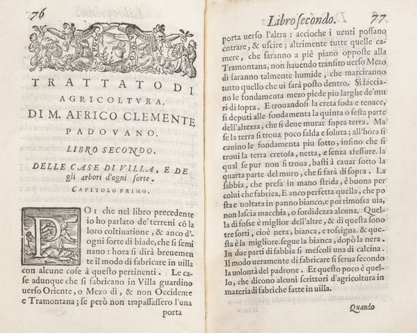 Africo Clementi : Trattato dellagricoltura [...] nel quale si contiene il vero  utilissimo modo di coltivare le cose di Villa  con la tavola di tutte le cose notabili.  - Asta Libri, autografi e stampe - Associazione Nazionale - Case d'Asta italiane